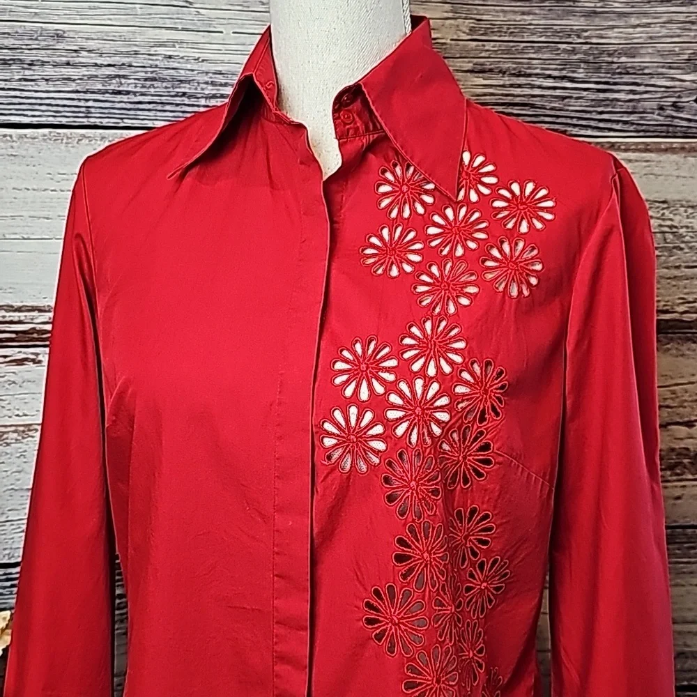 NEW THE LIMITED RED FLORAL CUTOUT TUXEDO CUFF BUTTON-UP BLOUSE